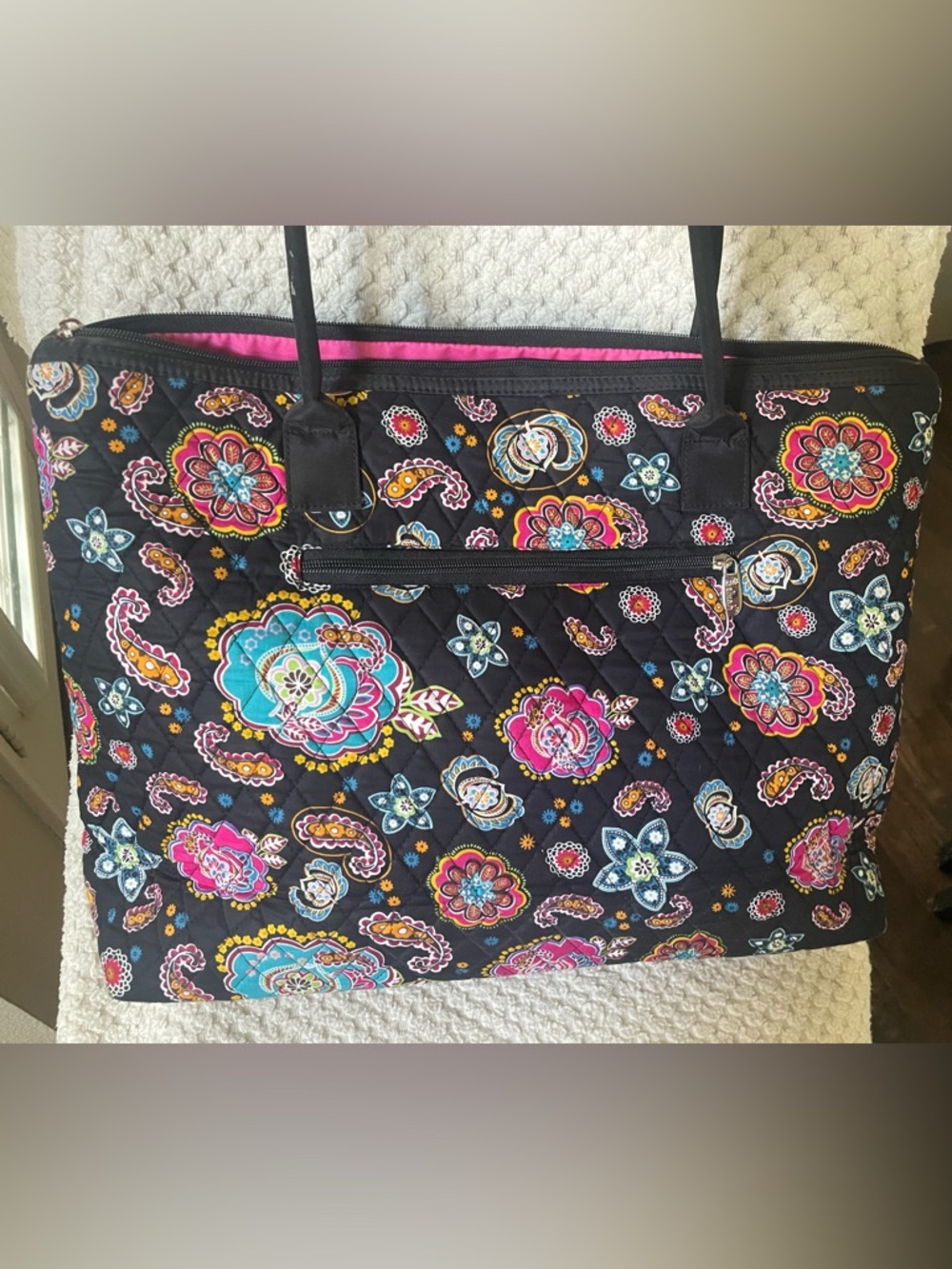 Quilted Floral Tote Bag in Black with Multicolor Print